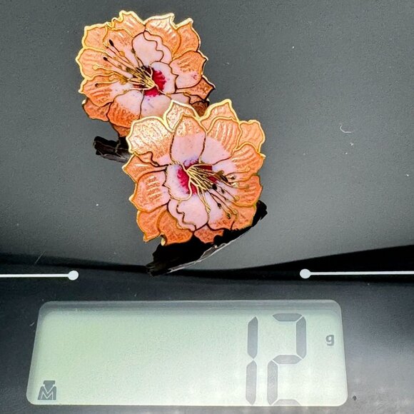 1980s Vintage Gold Tone Cloisonne Flower Clip-On Earrings Pink Mauve Enamel - Picture 3 of 7